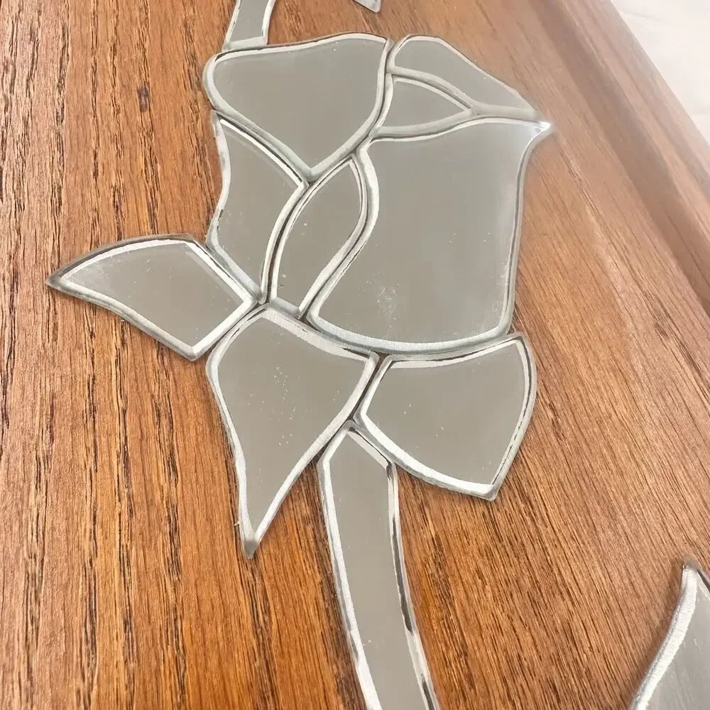 Vintage 70s Mirror Rose Wood Wall Art Panel Retro Glass Mosaic Plaque Boho 1980s